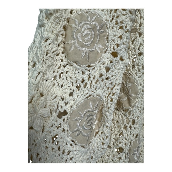 Vintage Handcrafted Open Crochet Sweater Floral Embroidered Pullover Ivory Large - Picture 3 of 12